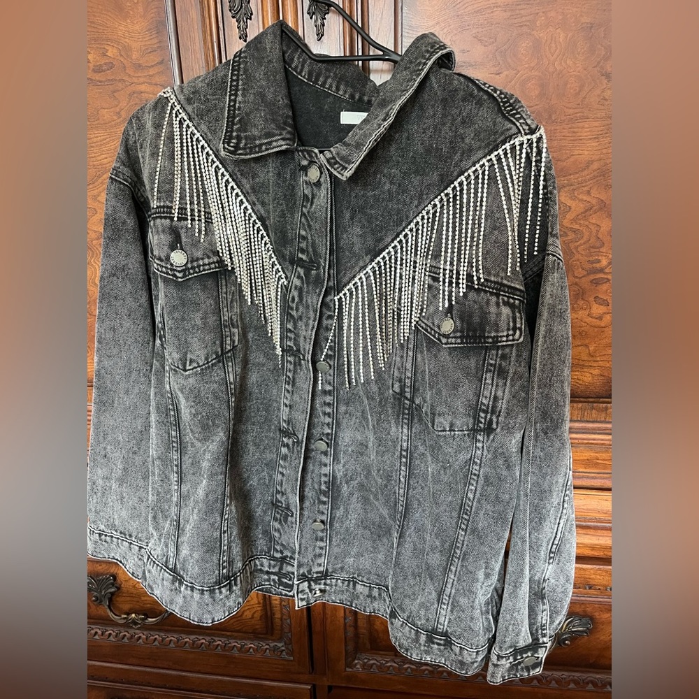 Rhinestone fringe denim jacket